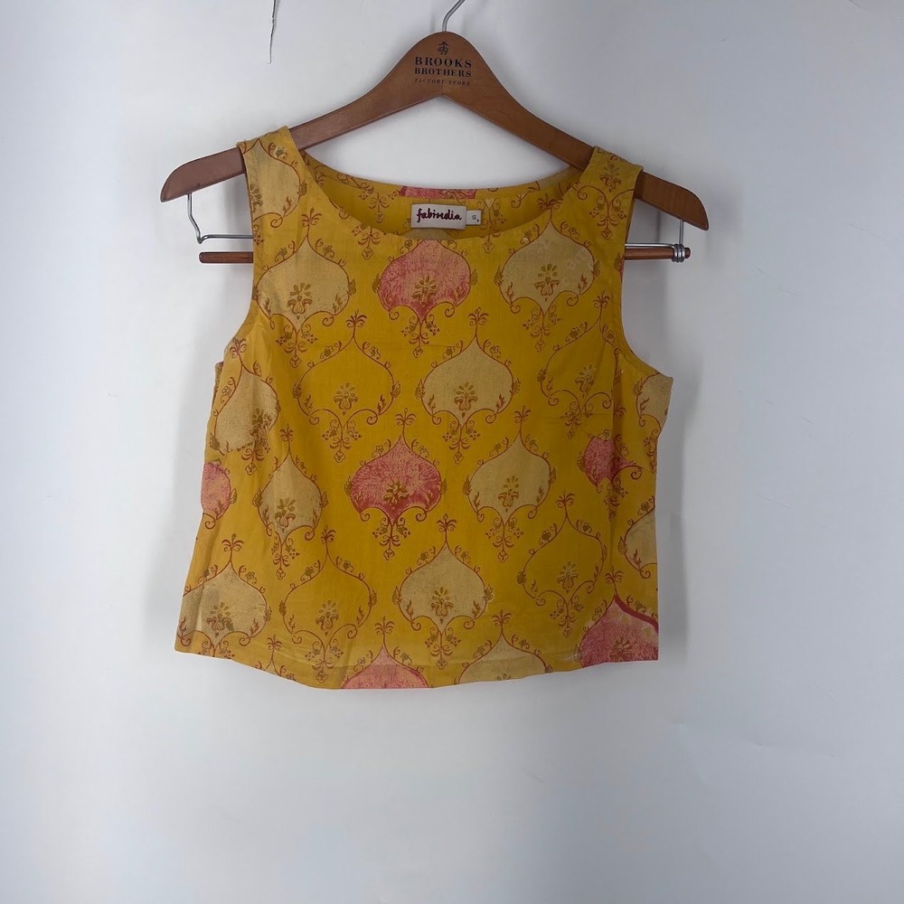 Fabindia Womens Small Yellow Cotton Damask Print Sleeveless Scoop Neck Boho Top